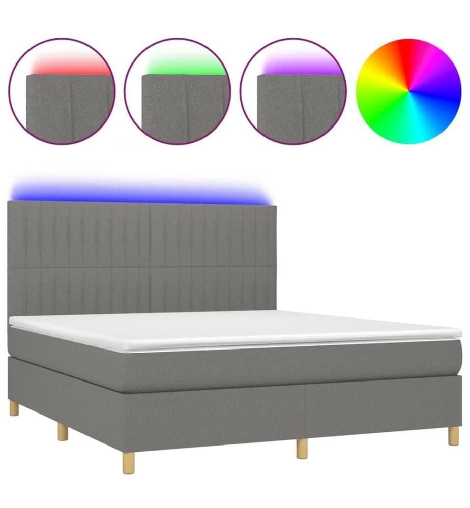 Sommier tapissier et matelas et LED Gris foncé 180x200 cm Tissu