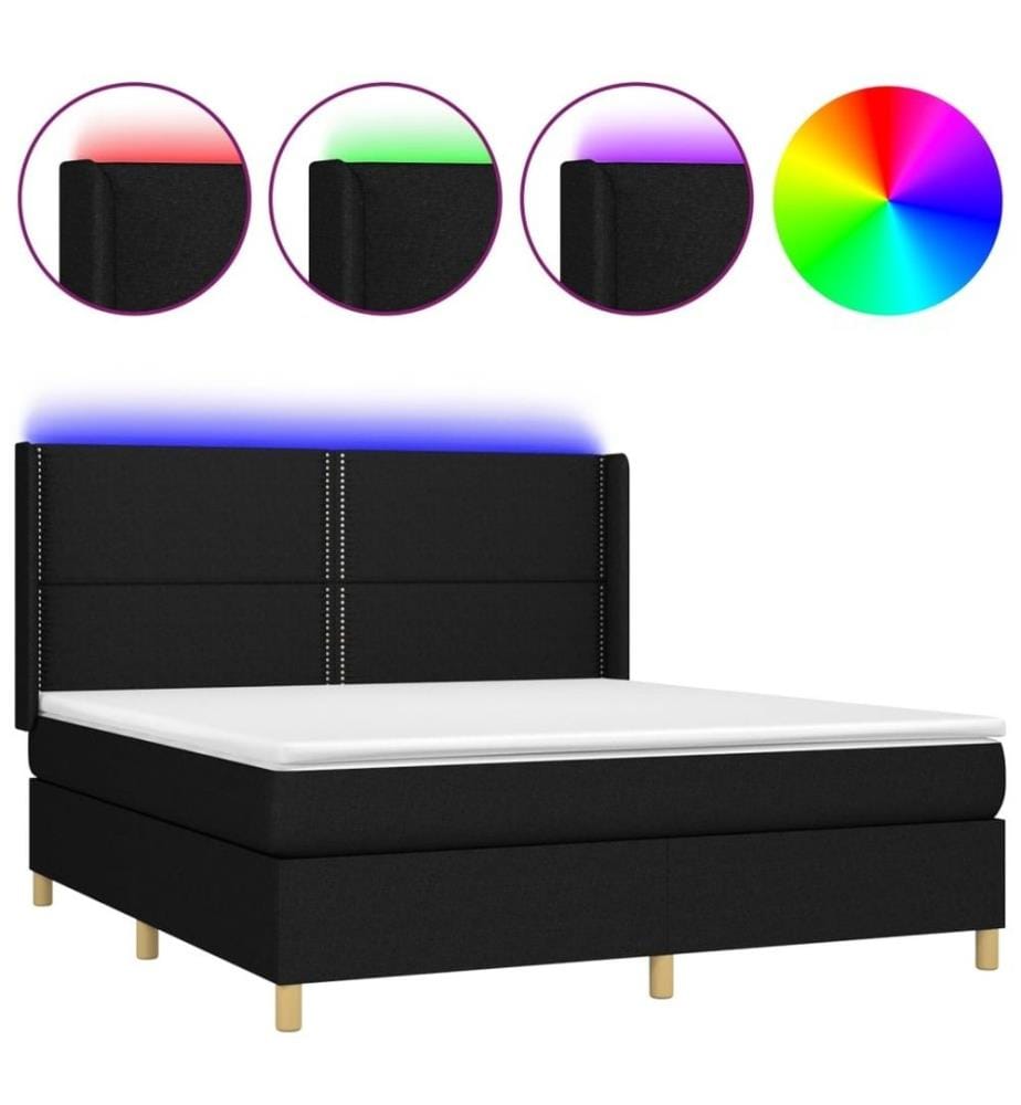 Sommier à lattes de lit matelas et LED Noir 180x200 cm Tissu