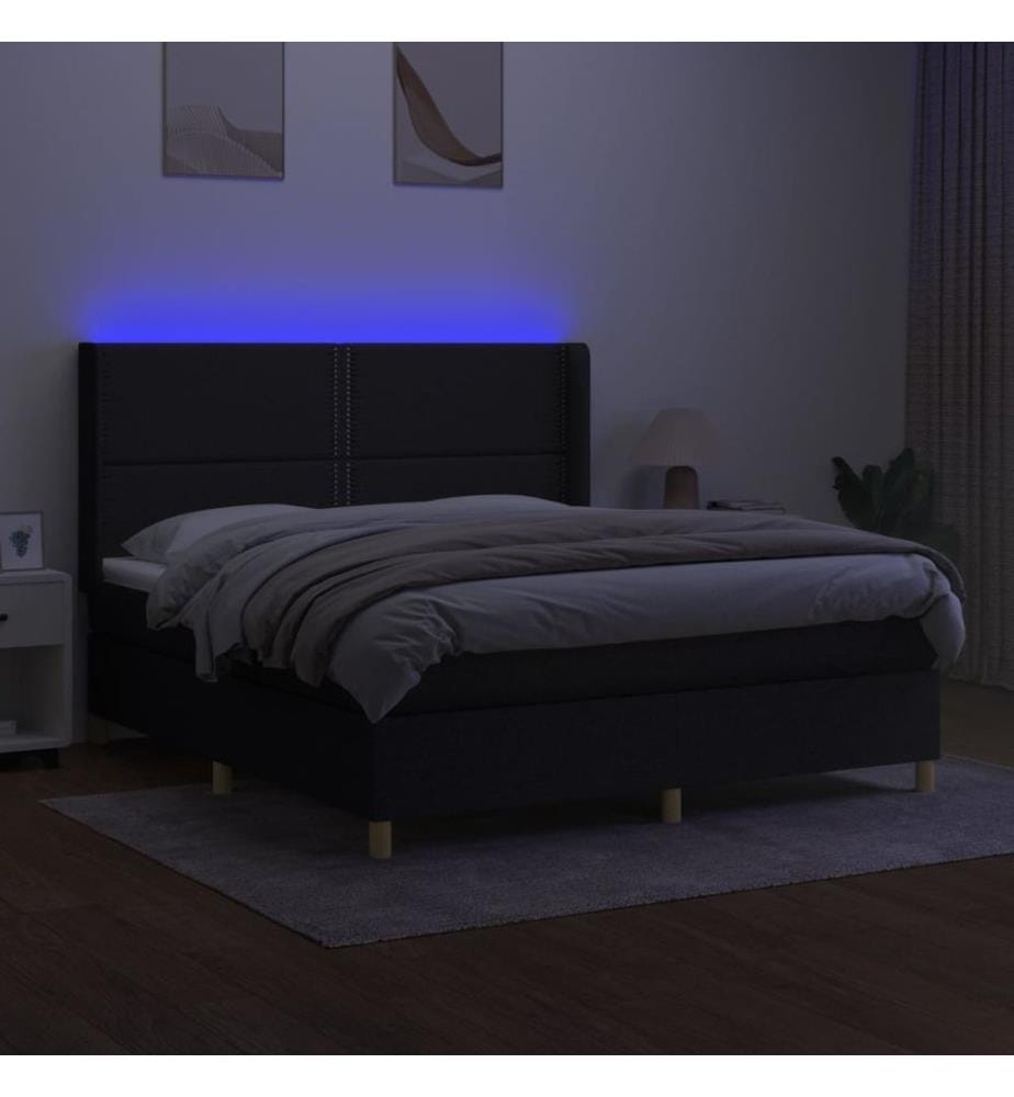 Sommier à lattes de lit matelas et LED Noir 180x200 cm Tissu