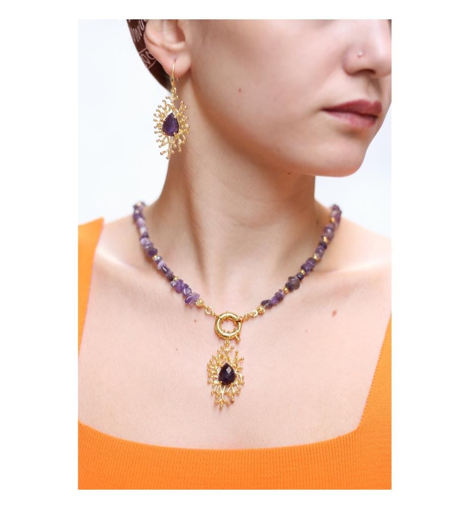 Amethyst-Set (Halskette und Ohrringe) - Gold und Violett