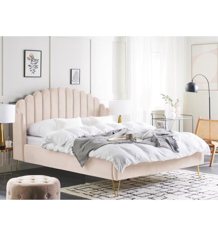 Lit avec sommier Velours AMBILLOU 160 x 200 cm Beige clair