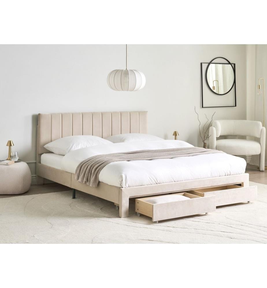 Lit avec tiroirs de rangement Velours LONZAC 160 x 200 cm Beige
