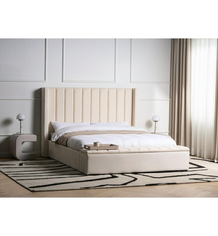 Lit avec banc de rangement Velours NOYERS 160 x 200 cm Blanc cassé