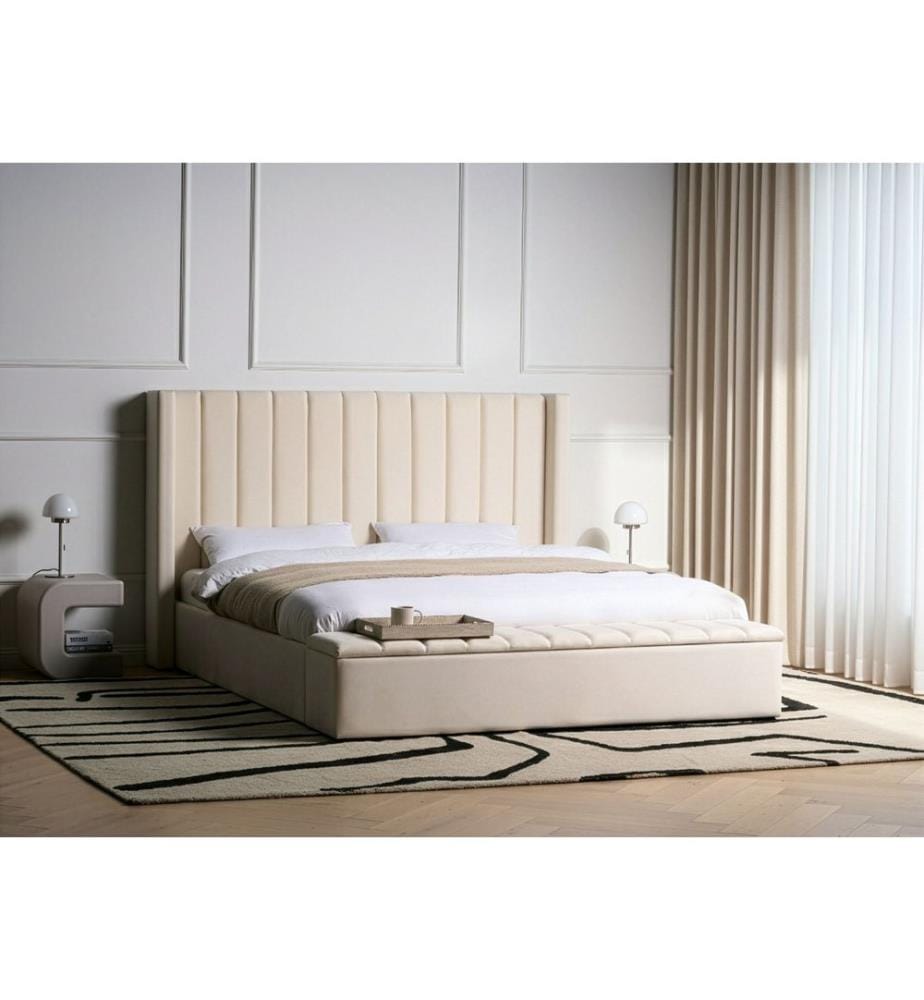 Bett mit Stauraumbank Samtstoff NOYERS 180 x 200 cm Cremeweiss