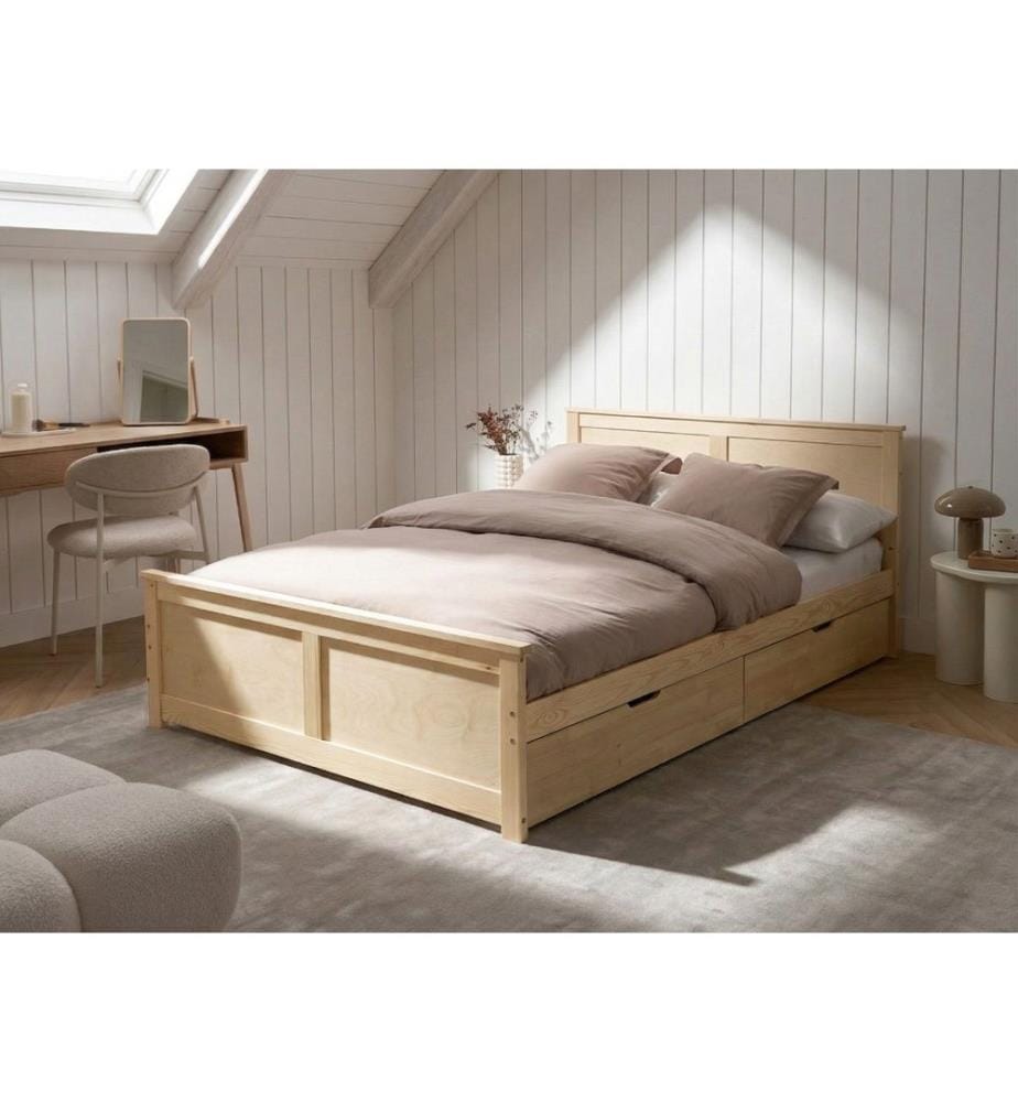 Bett mit 2 Schubladen DAUPHIN Kiefernholz Hellbraun 140 x 200 cm