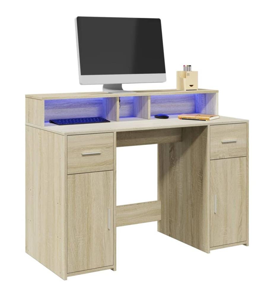Bureau avec lumières LED chêne sonoma bois d'ingénierie