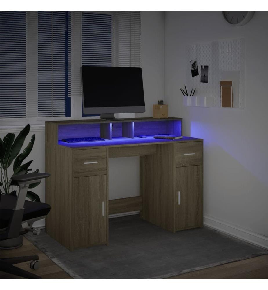 Bureau avec lumières LED chêne sonoma bois d'ingénierie