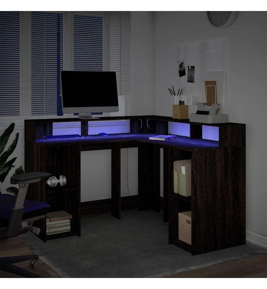 LED-Schreibtisch Braun Eichen-Optik 130x130x91 Holzwerkstoff