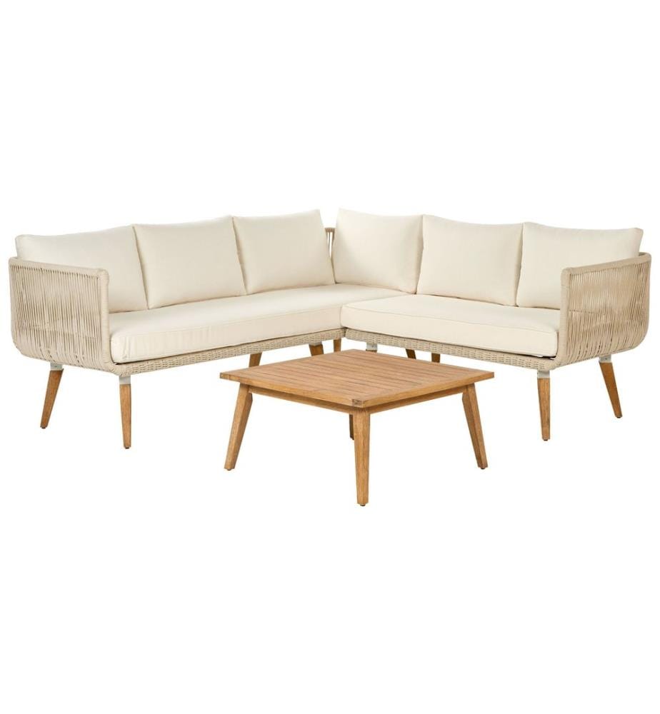 Garten Ecksofa mit Tisch 5-Sitzer ALCAMO linksseitig Hellbeige Akazienholz