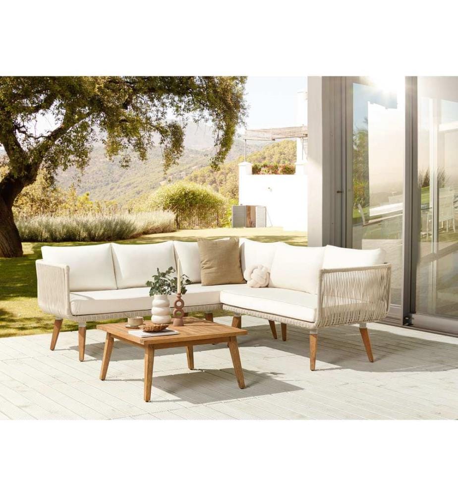 Garten Ecksofa mit Tisch 5-Sitzer ALCAMO linksseitig Hellbeige Akazienholz