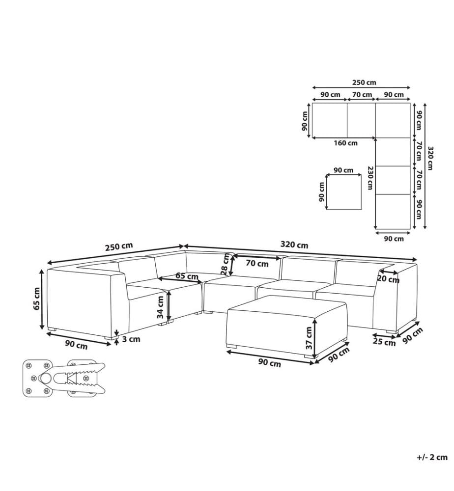 Garten Ecksofa mit Ottomane 7-Sitzer AREZZO rechtsseitig Hellgrau modular