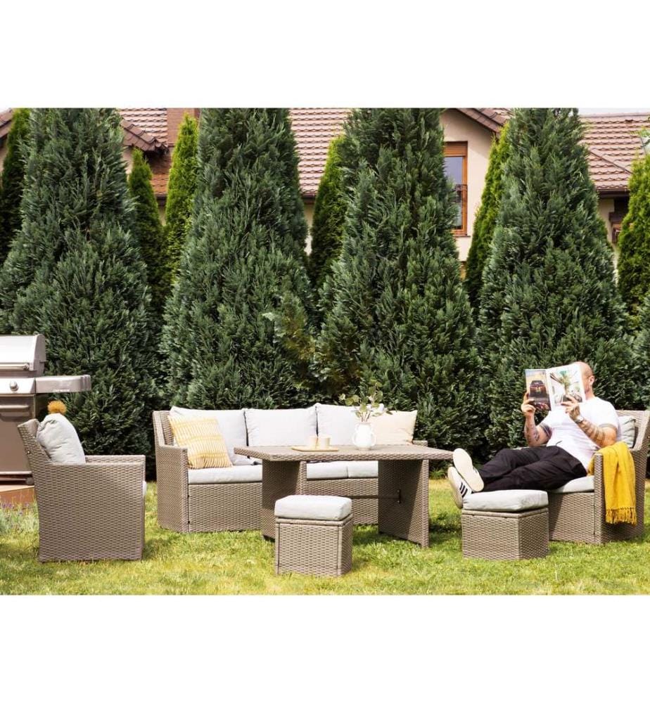 Lounge Set mit Tisch und Ottomane 5-Sitzer FONTI Taupe Polyrattan inkl. Kissen
