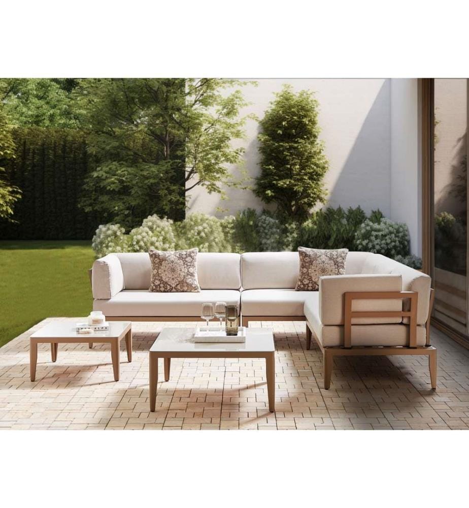 Garten Ecksofa mit Tisch 6-Sitzer RIMA III linksseitig Hellbeige Metall modular