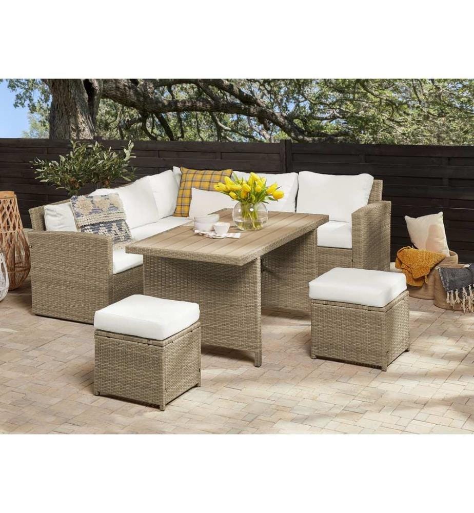 Lounge Set mit Tisch und Ottomane 5-Sitzer BARDI Braun Polyrattan inkl. Kissen