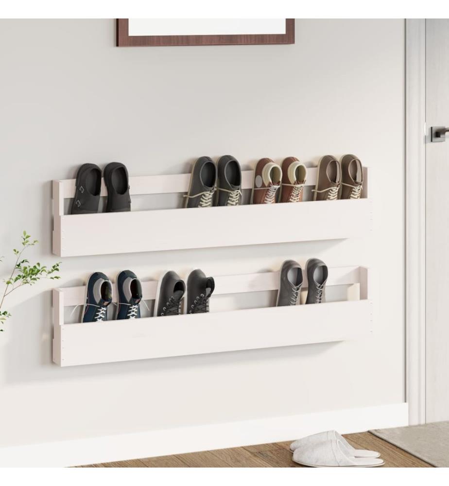 Wand-Schuhregale 2 Stk. Weiss 110x9x23 cm Massivholz Kiefer