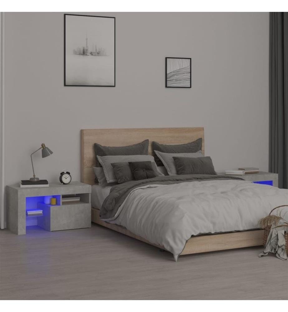 Tables de chevet 2 pcs et lumières LED Gris béton 70x36,5x40 cm