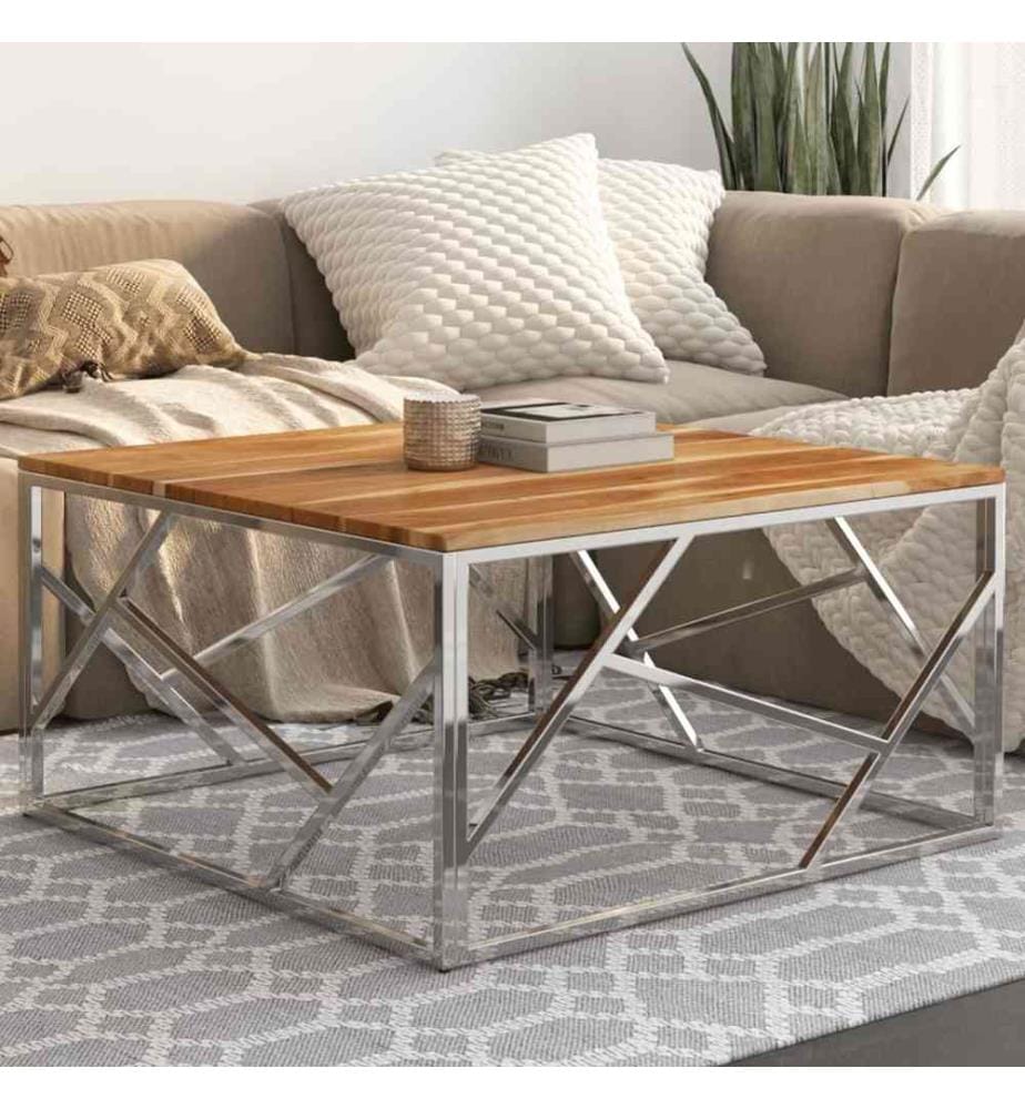 Table basse argenté acier inoxydable et bois massif d'acacia