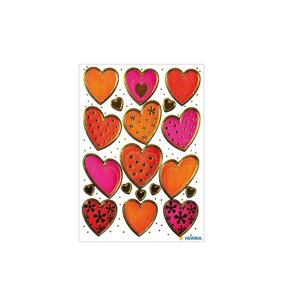 HERMA - Stickers 3D-Sticker Herzen mit Goldprägung 38 Stück Mehrfarbig