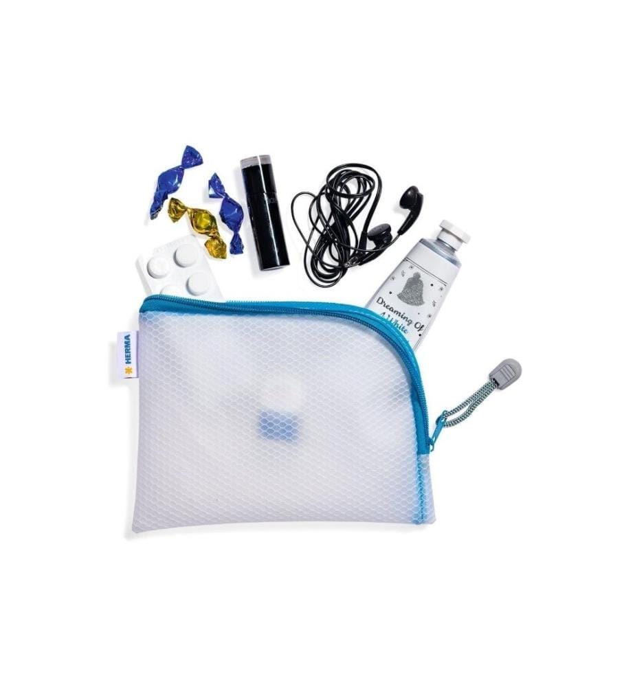 HERMA - Étui Mesh Bag A6, 10.5 x 14.8 cm, Bleu/Blanc