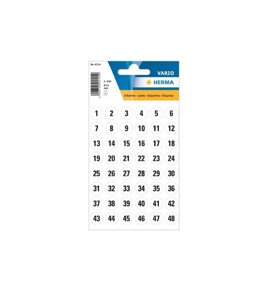 HERMA - Stickers Autocollants de numéros Séries de chiffres 1-240, 12, 5 feuilles