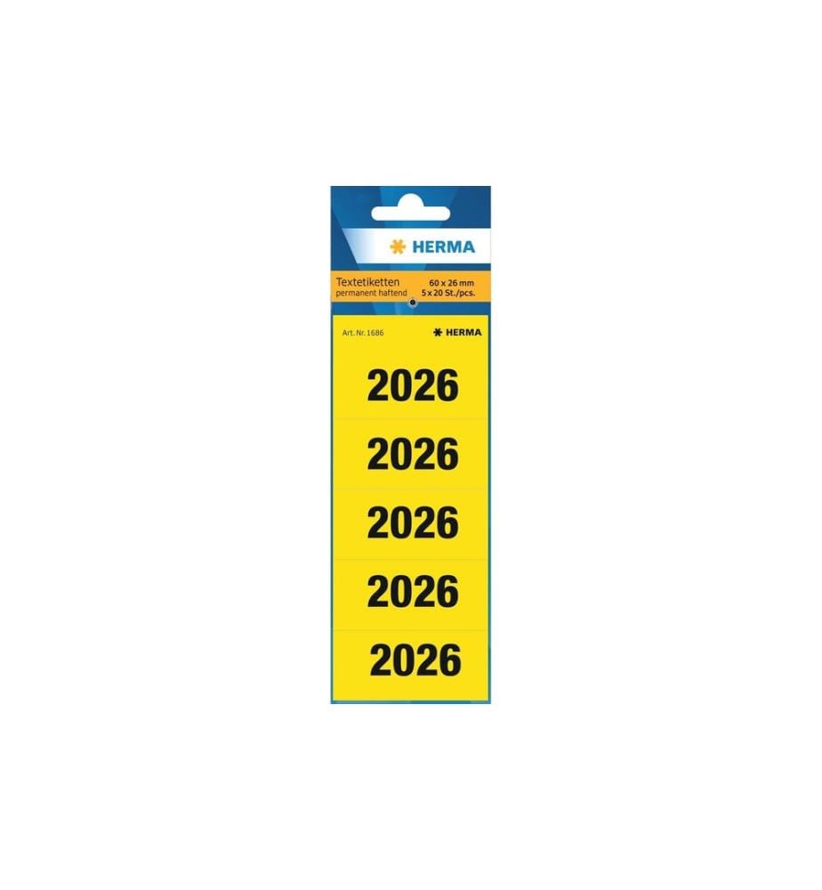 HERMA - Étiquettes à classeur Chiffres annuels 2026 60x26 mm, jaune, 100 pièces