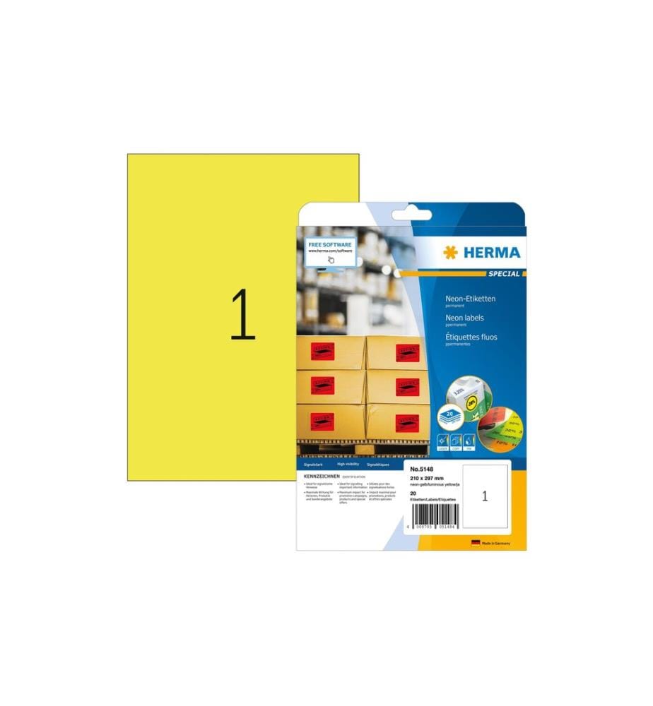 HERMA - Étiquettes en néon A4 210 x 297 mm, jaune fluo, 20 pièces