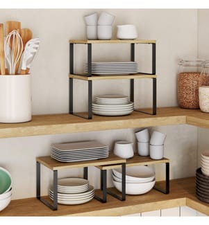 Set of 4 Built-in Storage Shelves - Wood and Black