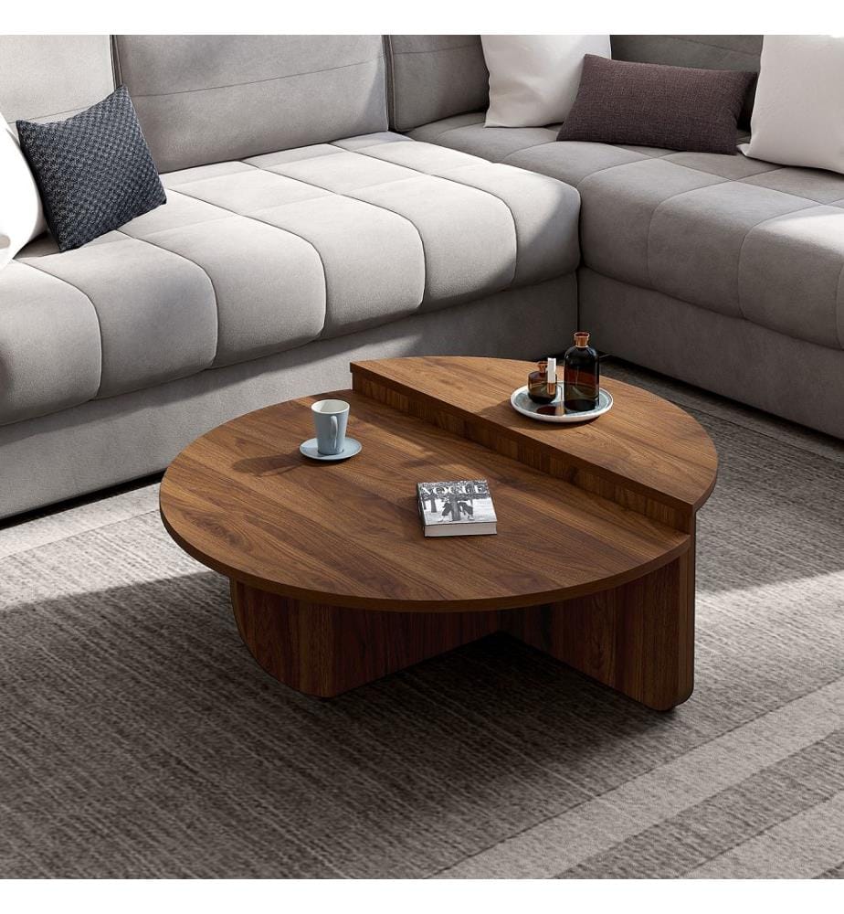 Set of 2 Asymmetrical Round Coffee Tables - Walnut