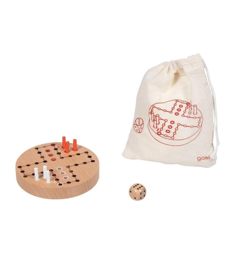 GOKI - Familienspiel Ludo im Baumwollbeutel Ø 9 cm, 8 Teile