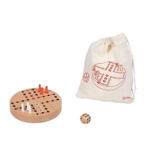 GOKI - Familienspiel Ludo im Baumwollbeutel Ø 9 cm, 8 Teile
