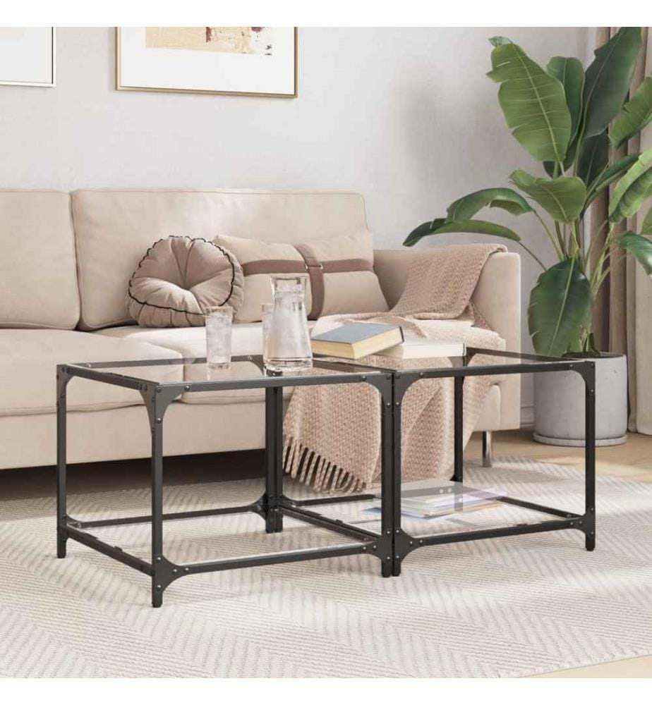 Tables basses avec dessus en verre transparent 2 pcs acier