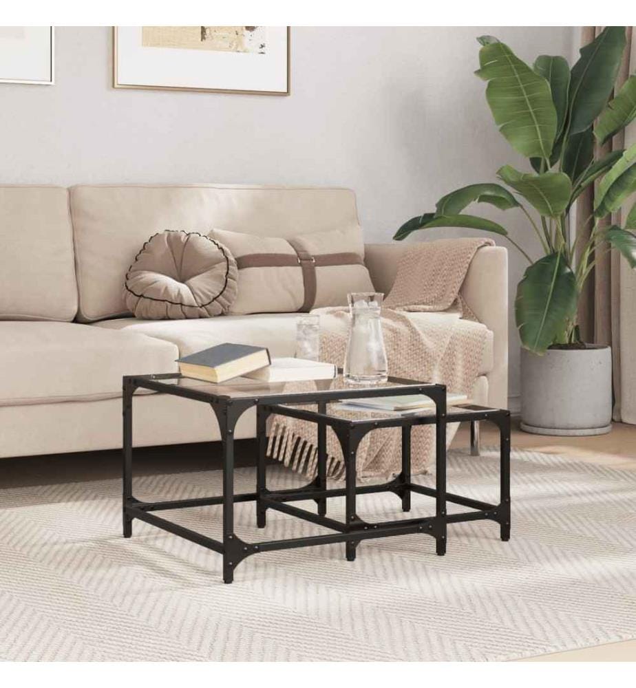 Tables basses gigognes 2 pcs dessus en verre transparent acier