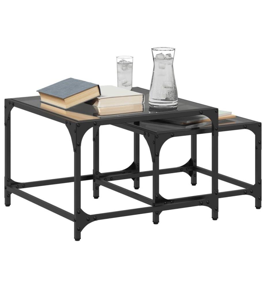 Tables basses gigognes 2 pcs dessus en verre noir acier