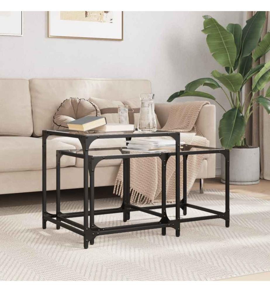 Tables basses gigognes 2 pcs dessus en verre transparent acier