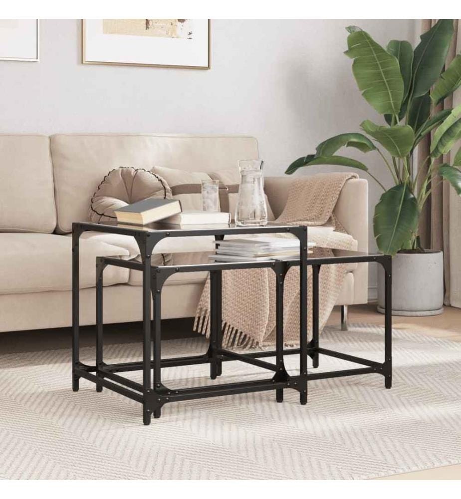 Tables basses gigognes 2 pcs dessus en verre noir acier