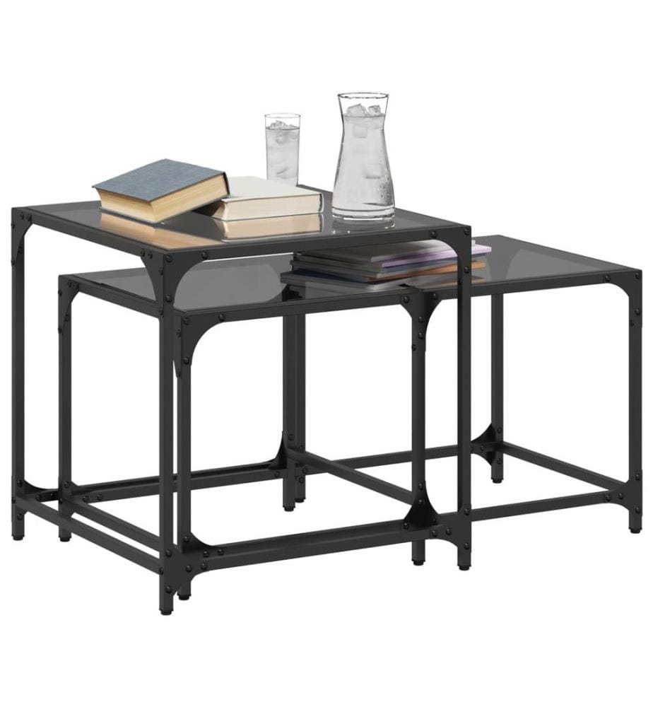 Tables basses gigognes 2 pcs dessus en verre noir acier