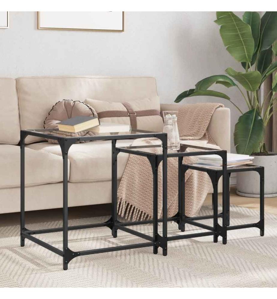 Tables basses gigognes 3 pcs dessus en verre transparent acier