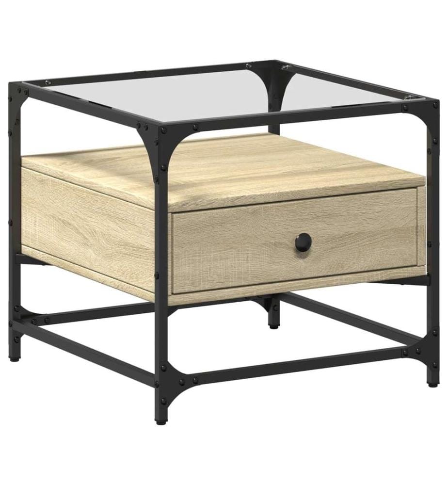 Couchtisch mit Glasplatte Sonoma-Eiche 50x50x45 cm Stahl