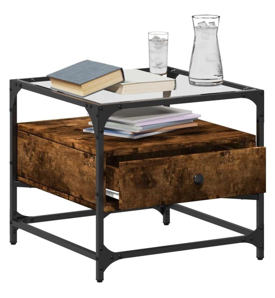 Table basse avec dessus en verre chêne fumé 50x50x45 cm acier