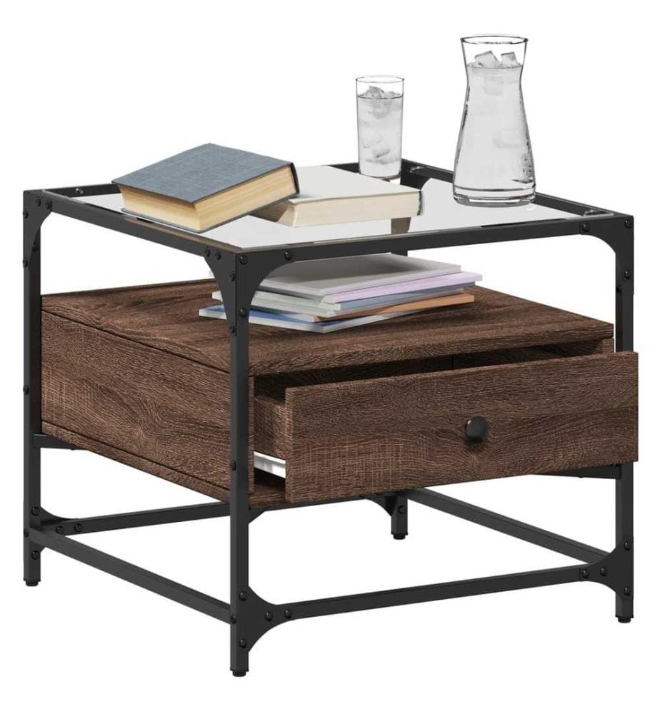 Table basse et dessus en verre chêne marron 50x50x45 cm acier