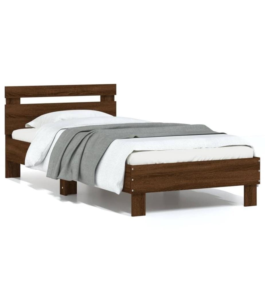 Cadre de lit tête de lit et lumières LED chêne marron 75x190 cm