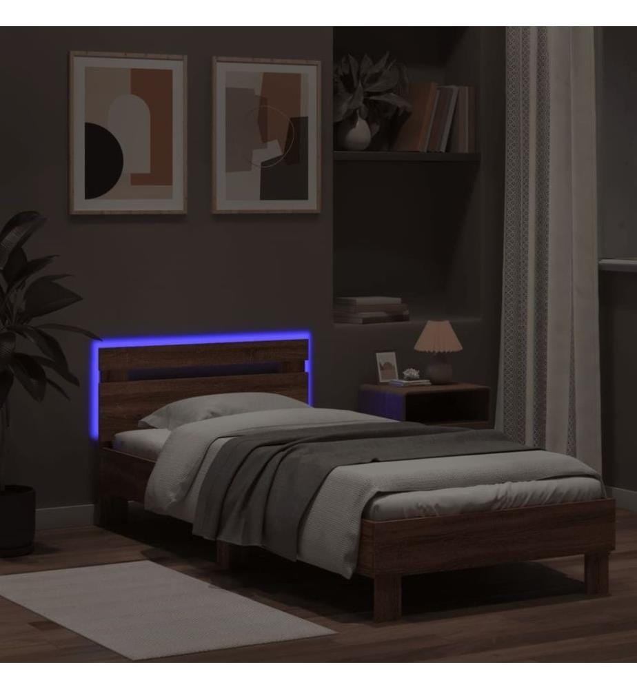 Cadre de lit tête de lit et lumières LED chêne marron 75x190 cm