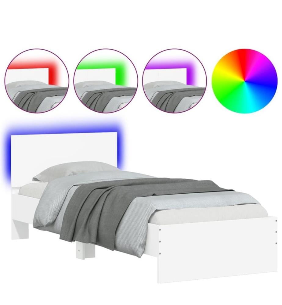 Cadre de lit avec tête de lit et lumières LED blanc 75x190 cm