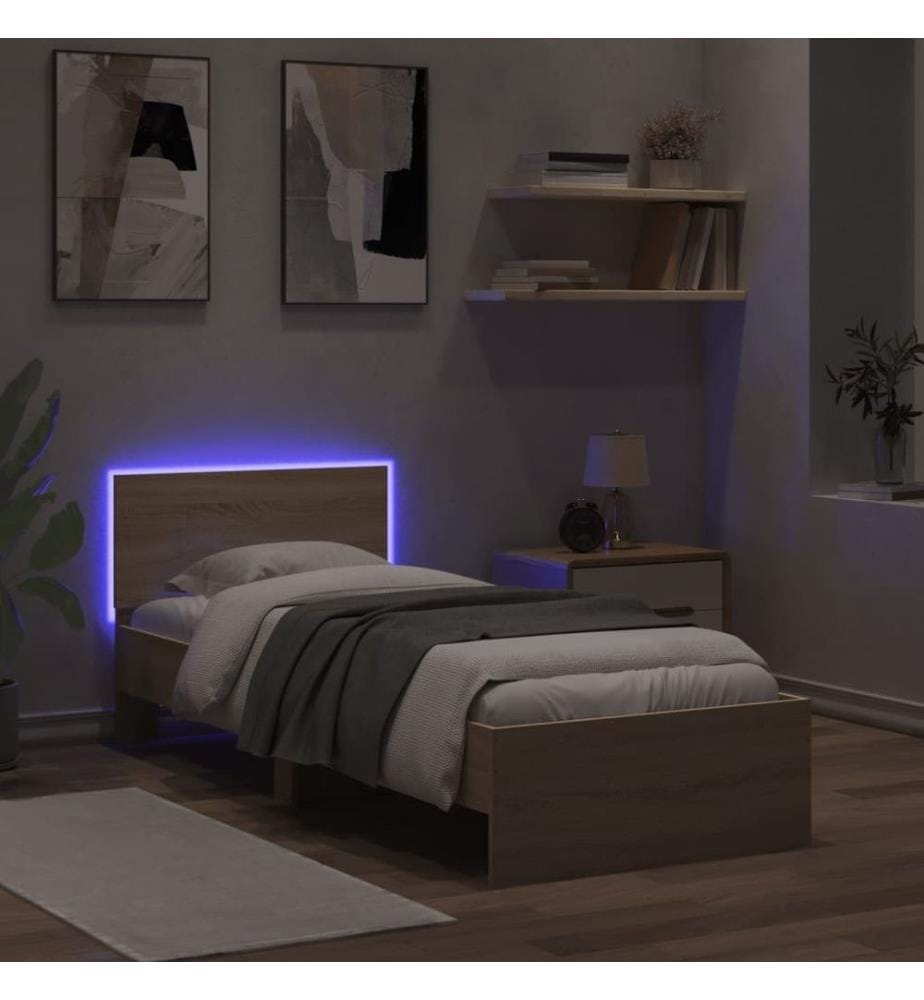 Cadre de lit tête de lit et lumières LED chêne sonoma 75x190 cm