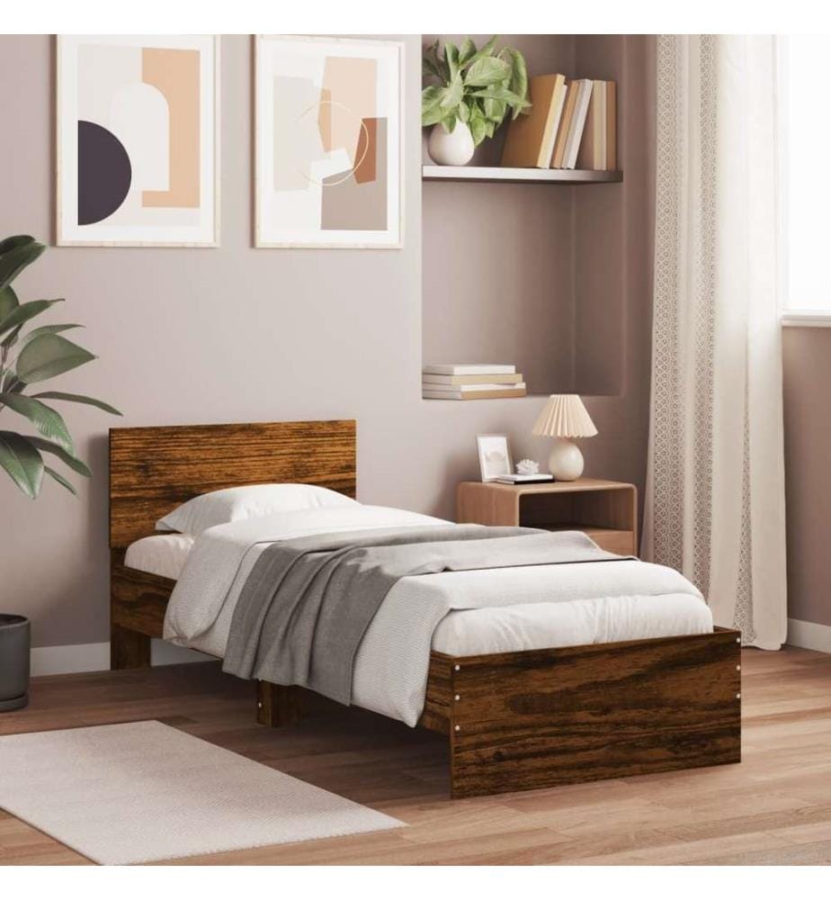 Cadre de lit tête de lit et lumières LED chêne fumé 75x190 cm