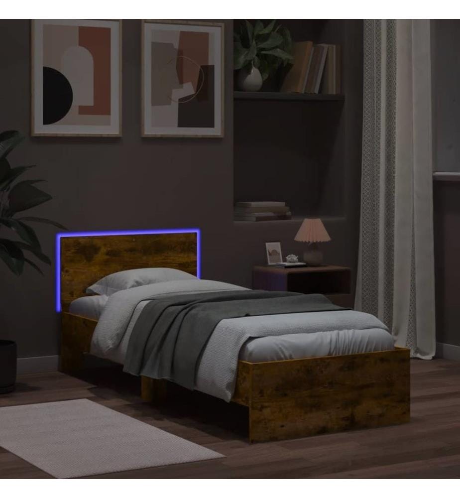 Cadre de lit tête de lit et lumières LED chêne fumé 75x190 cm