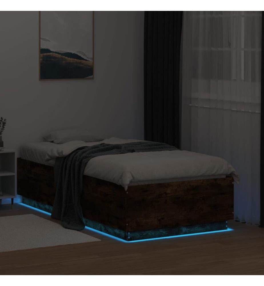 Cadre de lit avec lumières LED chêne fumé 75x190 cm