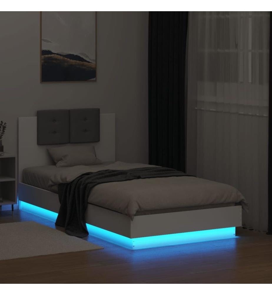 Cadre de lit avec tête de lit et lumières LED blanc 75x190 cm