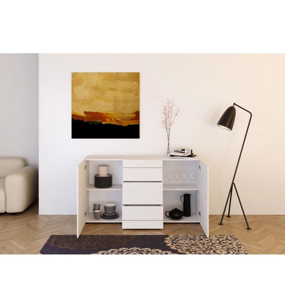 Commode 2 portes/3 tiroirs 150x40x83,5 cm Elios blanc brillant