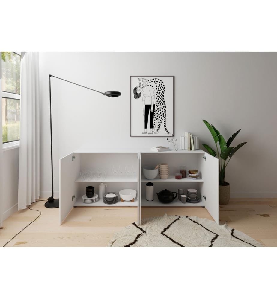 Commode 4 portes 200x40x83,5 cm Elios blanc brillant
